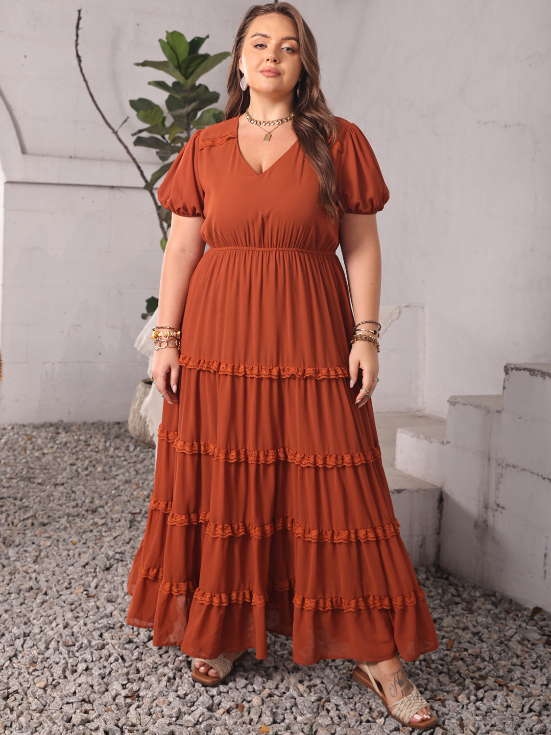 Plus Size Ruched Lace Detail V-Neck Short Sleeve Boho Dress - Spirit and Rebel [Spirit and Rebel] Rust 0XL 