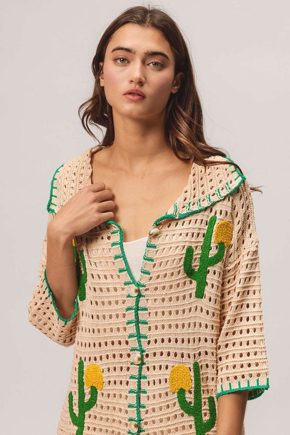 Edge Stitched Cactus Patch Boho Sweater Boho Cardigan - Spirit and Rebel [Spirit and Rebel]   