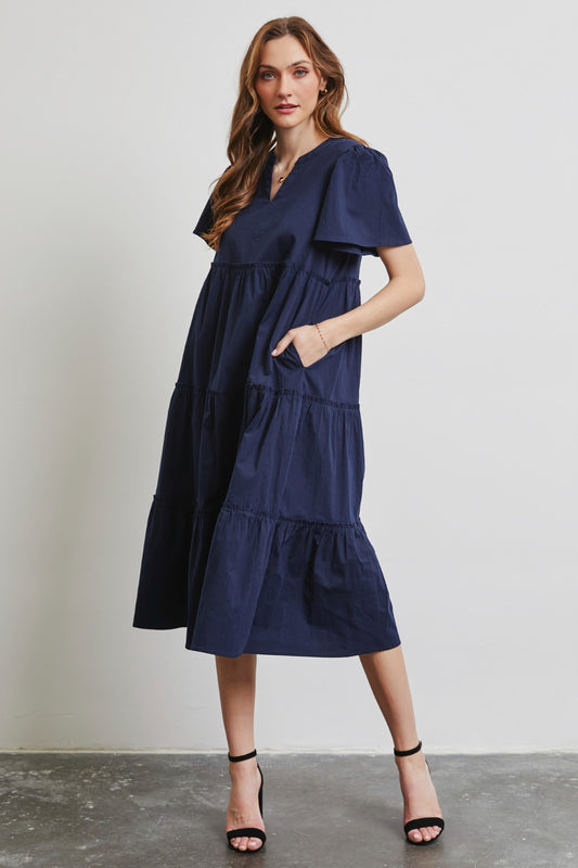 HEYSON Plus Size Cotton Poplin Ruffled Tiered Midi Boho Dress - Spirit and Rebel [Spirit and Rebel] Navy S 