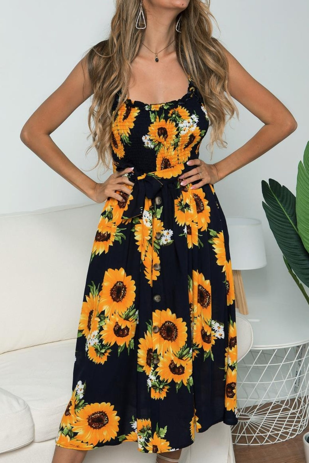 Smocked Sunflower Printed Sleeveless Cami Dress [Spirit and Rebel]   