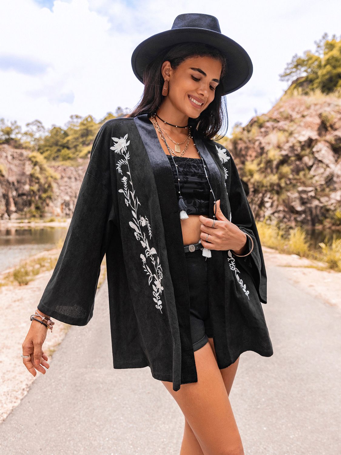 Embroidered Open Front Long Sleeve Boho Cardigan