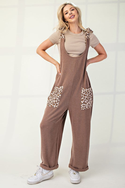 Plus Size Ribbed Leopard Tied Shoulder Overalls [Spirit and Rebel] Taupe S