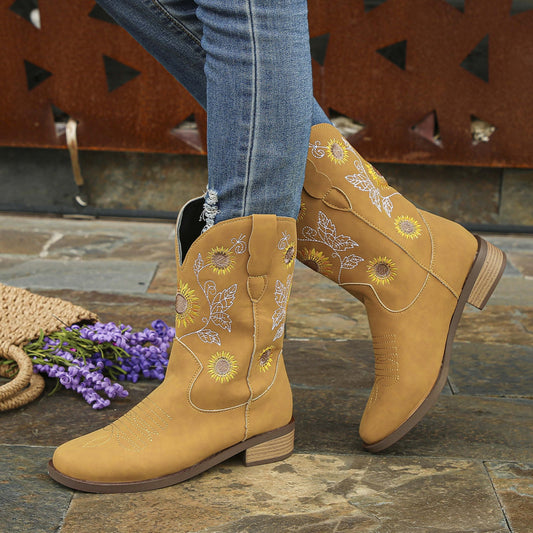 Sunflower Embroidered Block Heel Boho Boots - Spirit and Rebel [Spirit and Rebel] Gold 36(US5) 