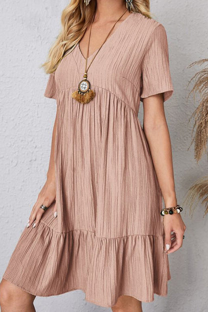 Boho Chic  Plus Size Ruched V-Neck Short Sleeve Dress [Spirit and Rebel]   