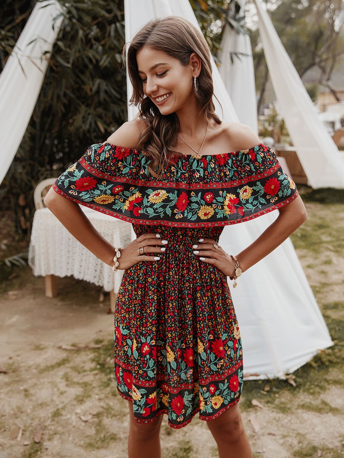 Bohemian Print Off-Shoulder Strapless Knee Length Dress [Spirit and Rebel]   