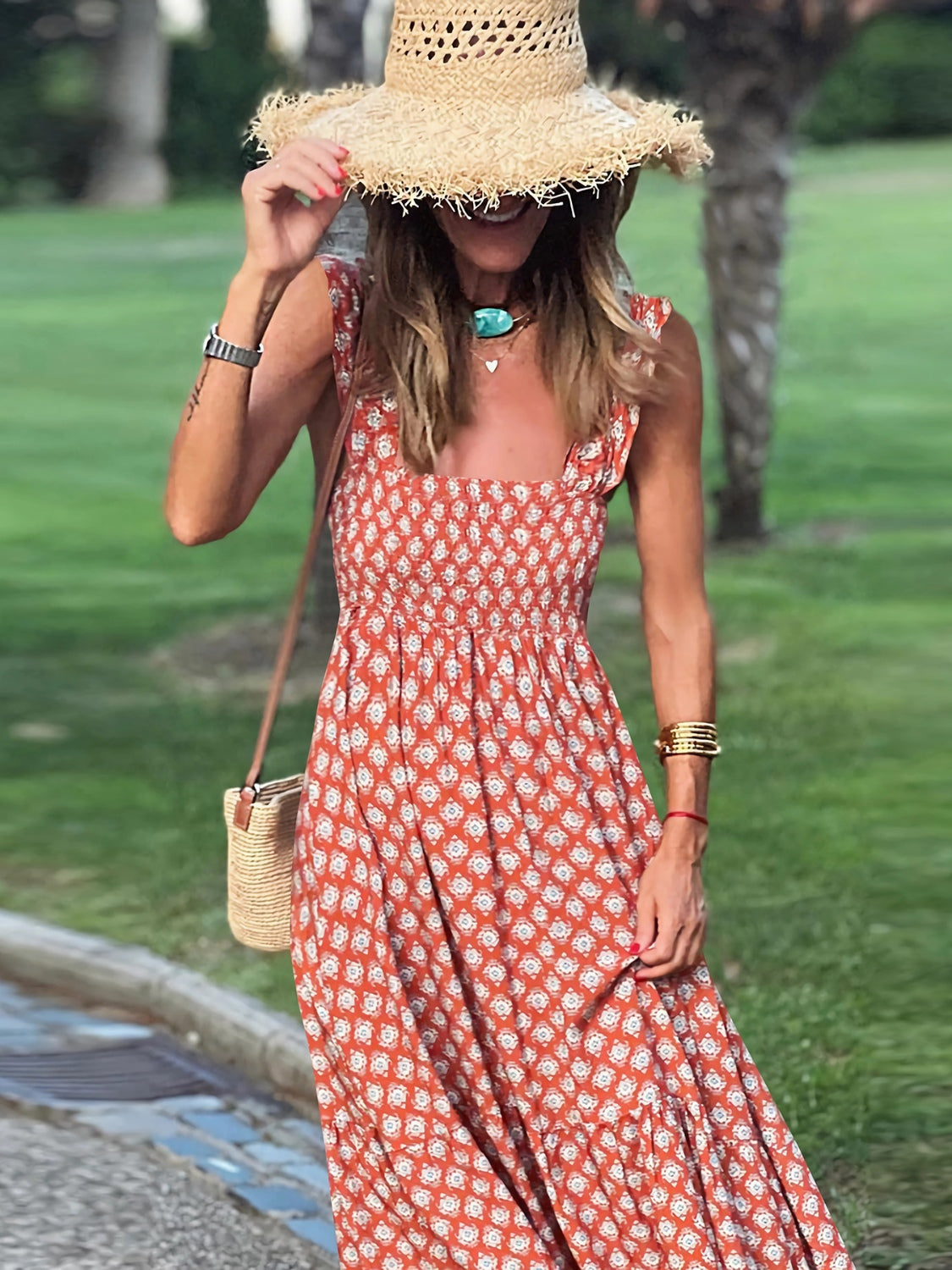 Smocked Printed Square Neck Sleeveless Boho Dress [Spirit and Rebel]   