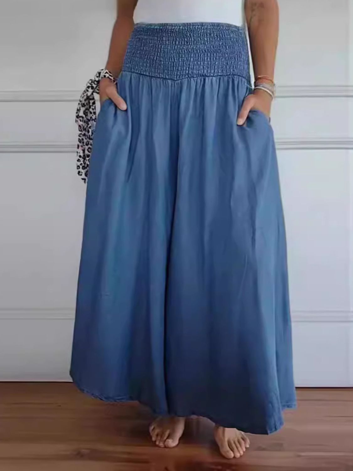 Spirit and Rebel Plus Size Smocked Wide Leg Boho Pants with Pockets [Spirit and Rebel] Dusty Blue S 