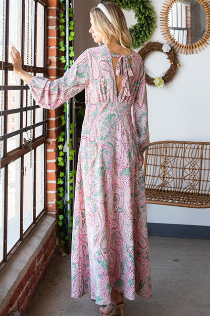 Paisley Print Tie-Back Long Sleeve Maxi Boho Dress - Spirit and Rebel [Spirit and Rebel]   