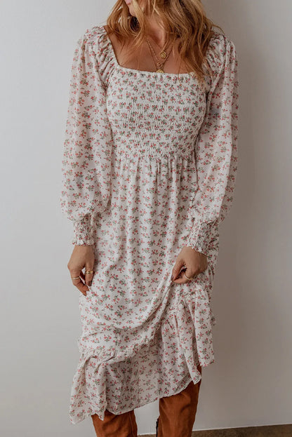 Spirit and Rebel Smocked Floral Square Neck Long Sleeve Midi Dress [Spirit and Rebel]   