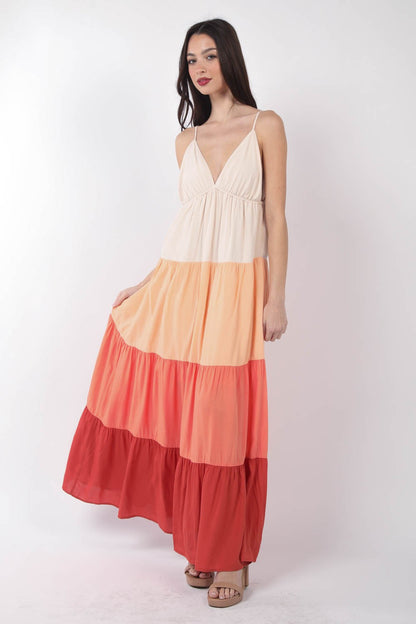 VERY J Color Block Tiered Maxi Cami Boho Dress [Spirit and Rebel] Sunset Mix S 