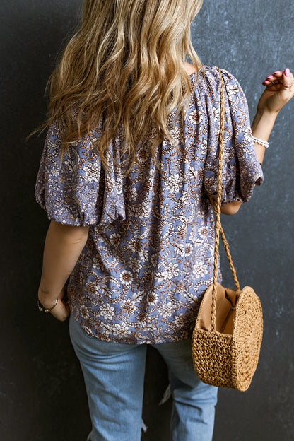 Printed Tie Neck Half Sleeve Boho Blouse - Spirit and Rebel [Spirit and Rebel]   