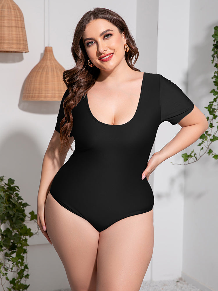 Plus Size Scoop Neck Short Sleeve One-Piece Swimsuit [Spirit and Rebel]