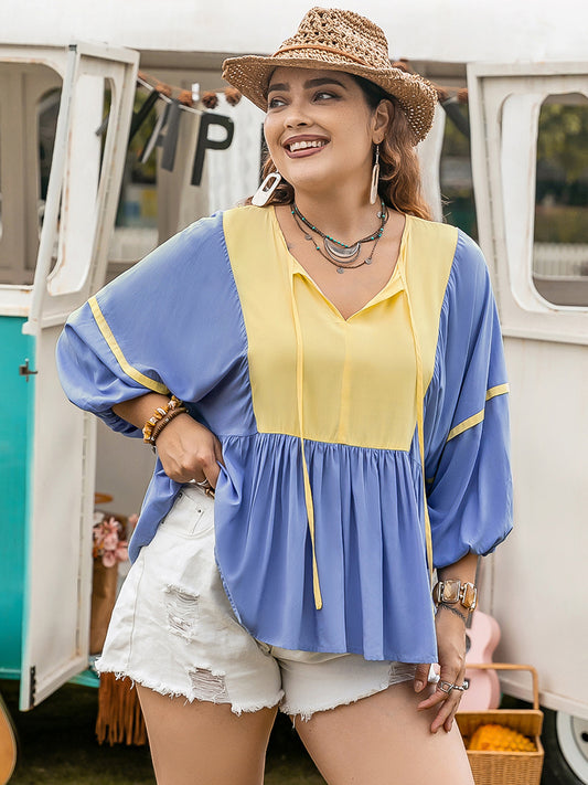 Plus Size Ruched Tie Neck Balloon Sleeve Boho Blouse - Spirit and Rebel [Spirit and Rebel] Light Blue 0XL 