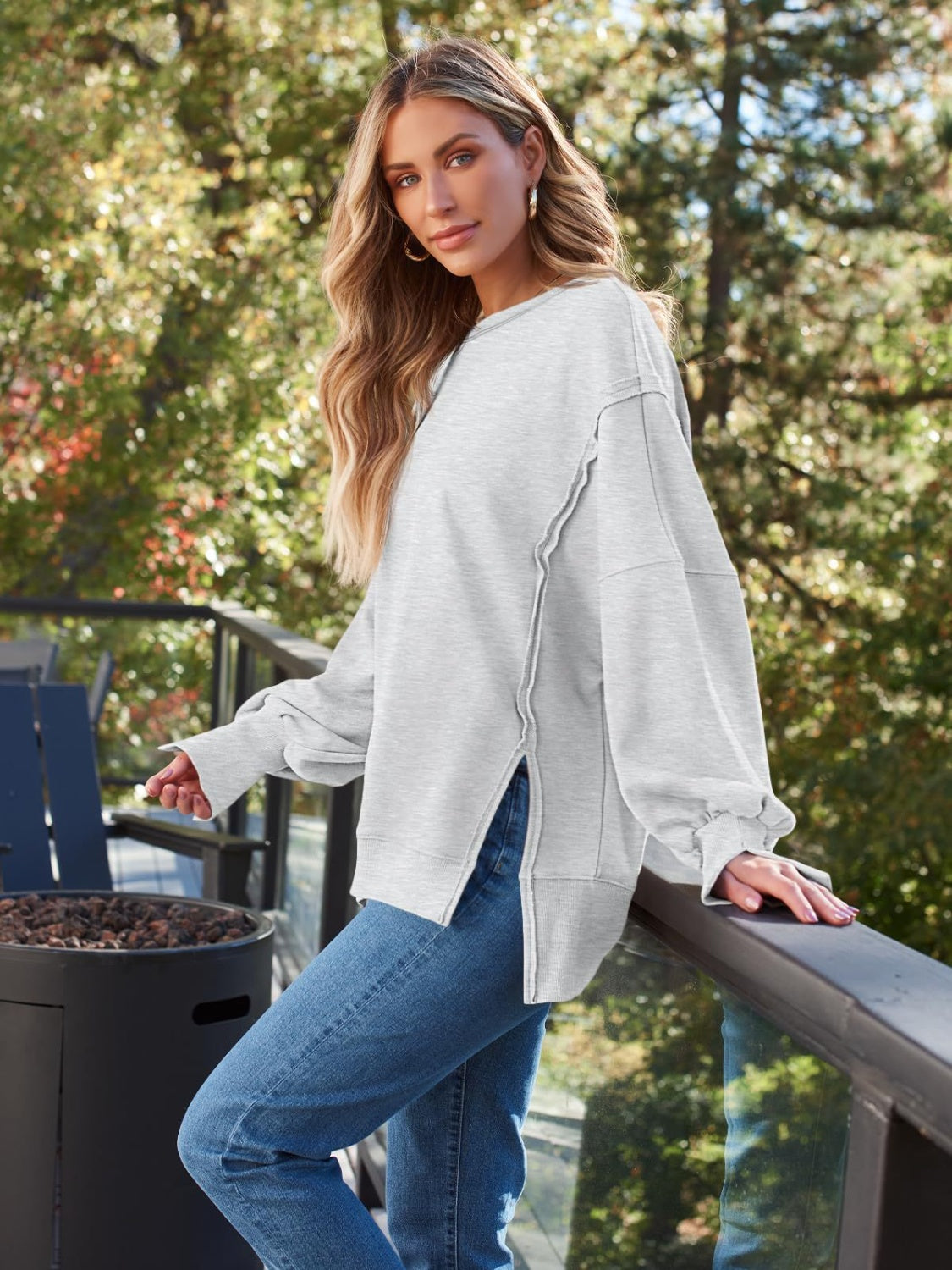 Slit Round Neck Long Sleeve Boho Sweatshirt - Spirit and Rebel [Spirit and Rebel]   