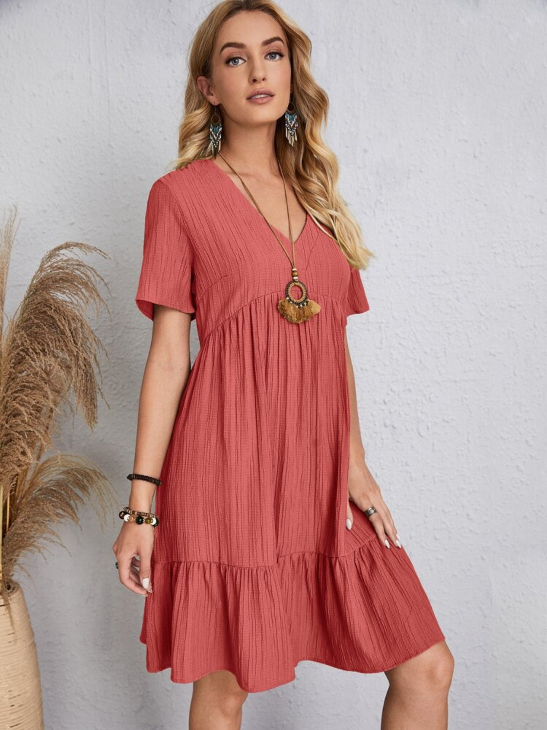 Plus Size V-Neck Short Sleeve Boho Dress - Spirit and Rebel [Spirit and Rebel]   