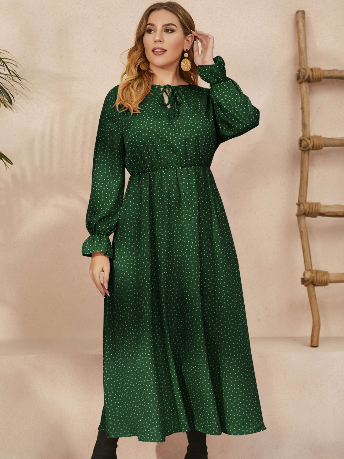 Plus Size Ruffled Polka Dot Long Sleeve Midi Dress - Spirit and Rebel [Spirit and Rebel] Dark Green 0XL 