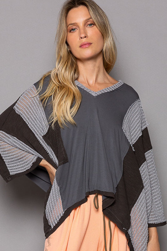 High-Low Contrast V-Neck Boho Top - Spirit and Rebel [Spirit and Rebel] Charcoal S 