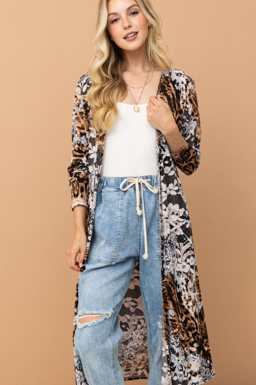 Spirit and Rebel Leopard Kimono Open Front Longline Boho Cardigan [Spirit and Rebel]   