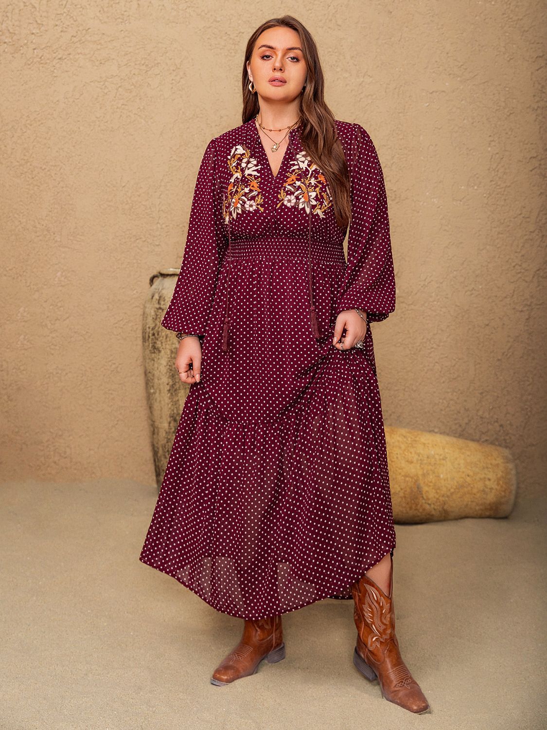 Spirit and Rebel Plus Size Embroidered Polka Dot Tie Neck Long Sleeve Midi Dress [Spirit and Rebel]   