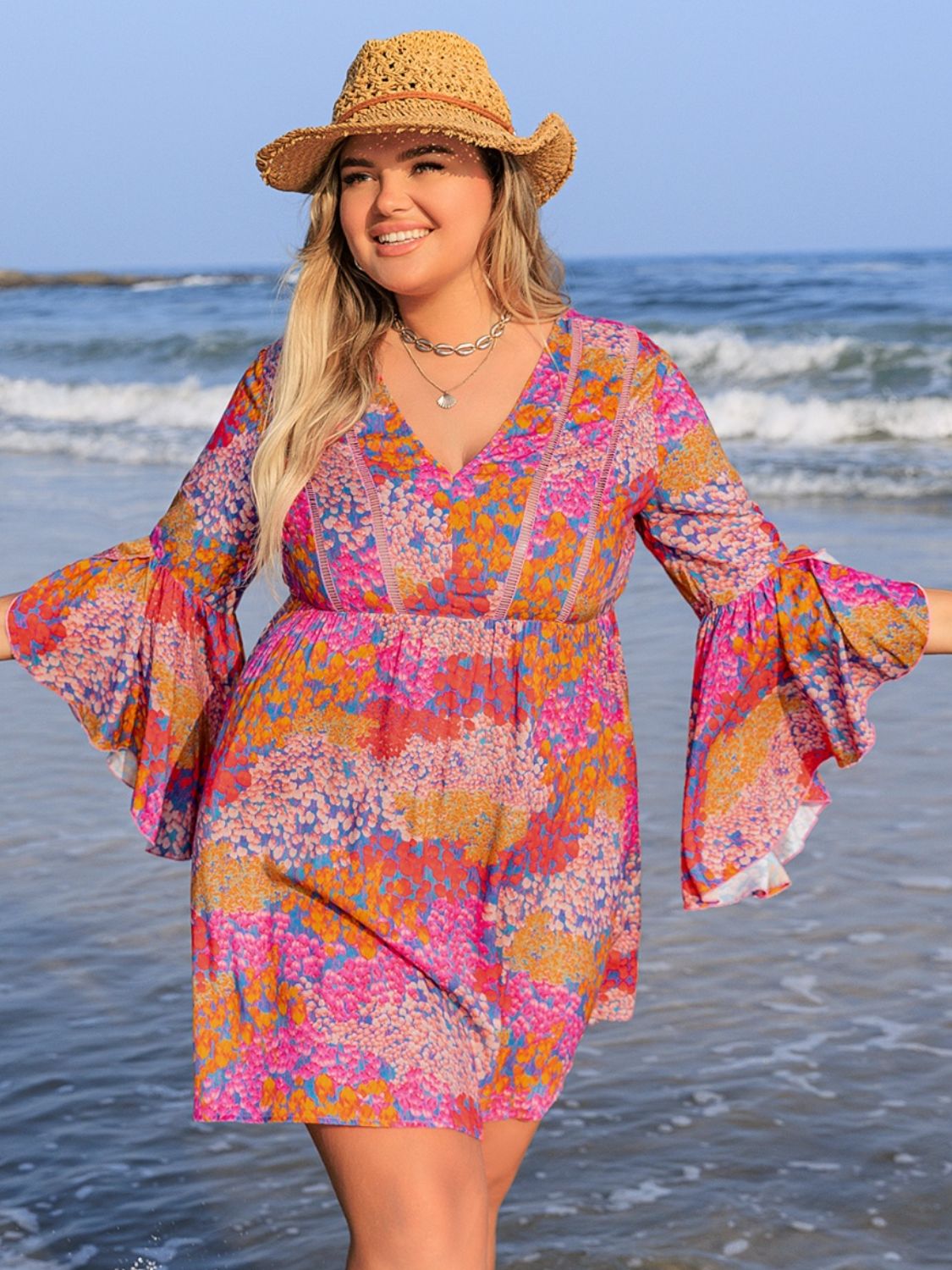 Plus Size Ruched Printed Long Sleeve Dress - Spirit and Rebel [Spirit and Rebel]   