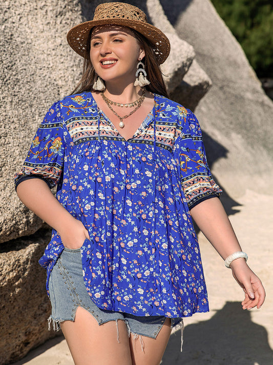 Plus Size Printed Tie Neck Half Sleeve Boho Blouse - Spirit and Rebel [Spirit and Rebel] Royal Blue 0XL 