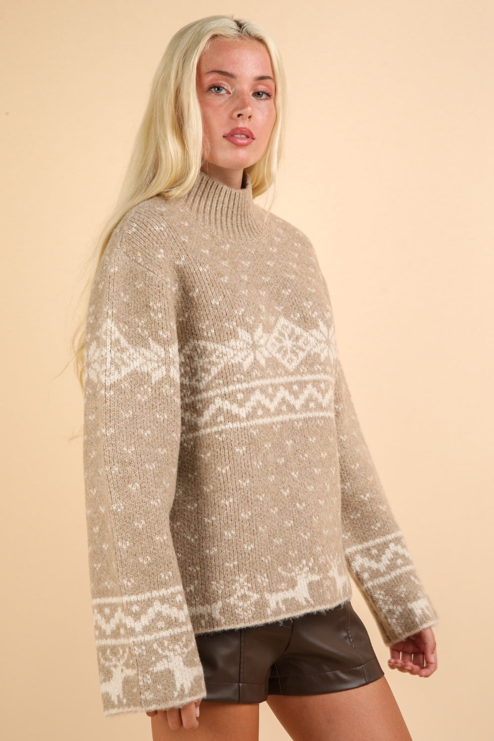 Spirit and Rebel Christmas Element Mock Neck Long Sleeve Boho Sweater [Spirit and Rebel]   