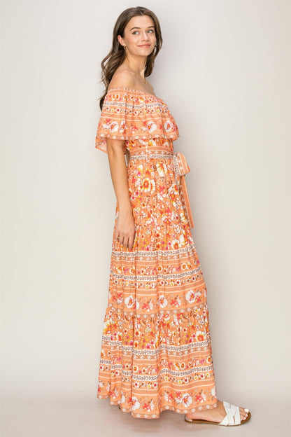 Floral Off-Shoulder Tie Front Maxi Boho Dress - Spirit and Rebel [Spirit and Rebel]   