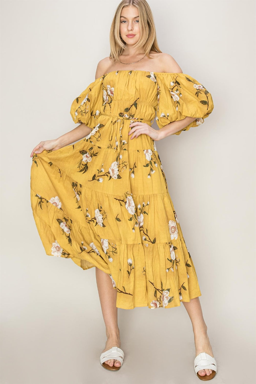 HYFVE Floral Puff Sleeve Tiered Dress [Spirit and Rebel] MUSTARD S 