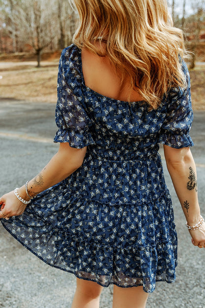 Printed Square Neck Short Sleeve Boho Dress [Spirit and Rebel]   