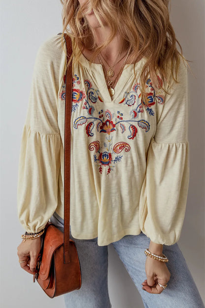 Spirit and Rebel Embroidered Notched Long Sleeve Bohemian Blouse [Spirit and Rebel] Pastel Yellow S 