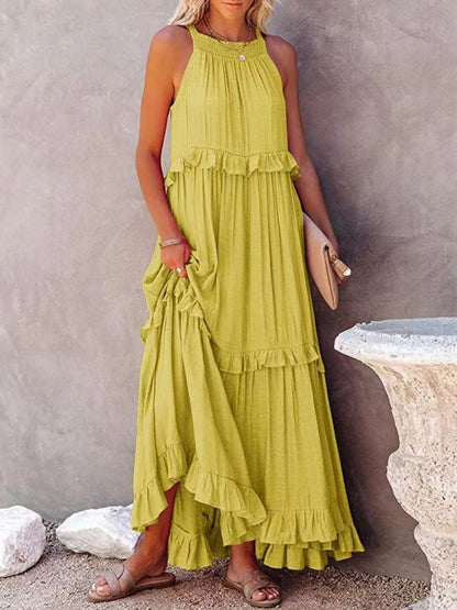 Ruffled Sleeveless Boho Maxi Dress with Pockets [Spirit and Rebel]   