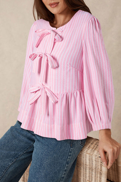 Tied Bow Striped Round Neck Boho Blouse [Spirit and Rebel] Blush Pink M 