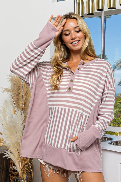 Striped Thumbhole Long Sleeve Boho Top - Spirit and Rebel [Spirit and Rebel]   