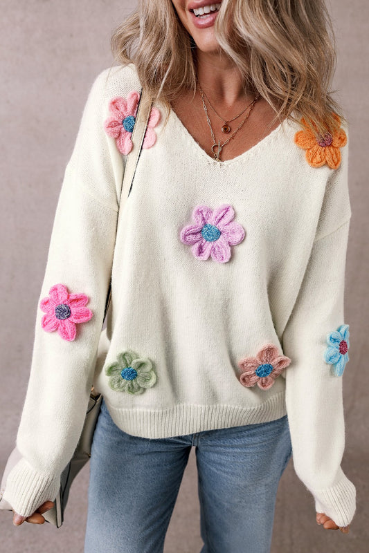 Crochet Flower V-Neck Long Sleeve Boho Sweater - Spirit and Rebel [Spirit and Rebel] White S 