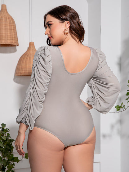 Plus Size Tied Deep V Balloon Sleeve One-Piece Swimsuit [Spirit and Rebel]