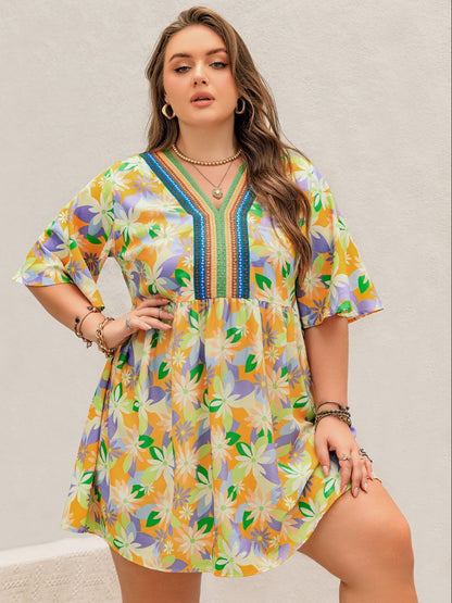 Plus Size Printed V-Neck Half Sleeve Mini Dress - Spirit and Rebel [Spirit and Rebel]   