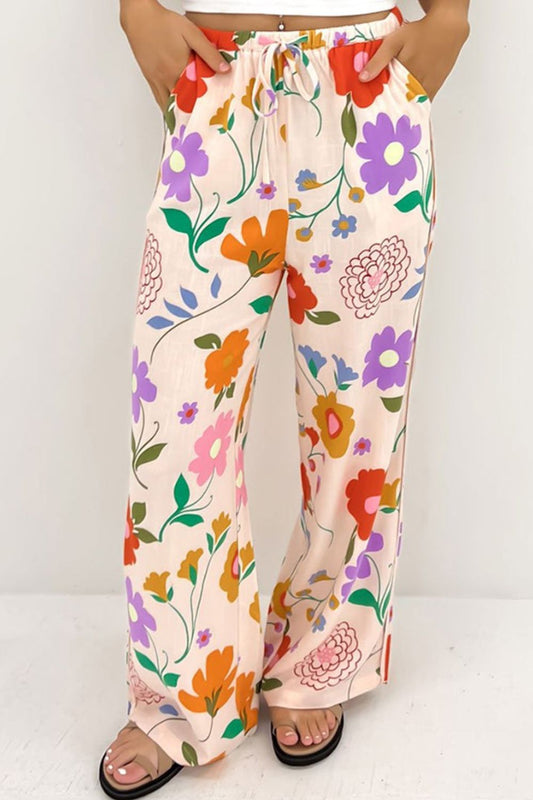 Drawstring Printed Boho Pants with Pockets - Spirit and Rebel [Spirit and Rebel] Floral S 