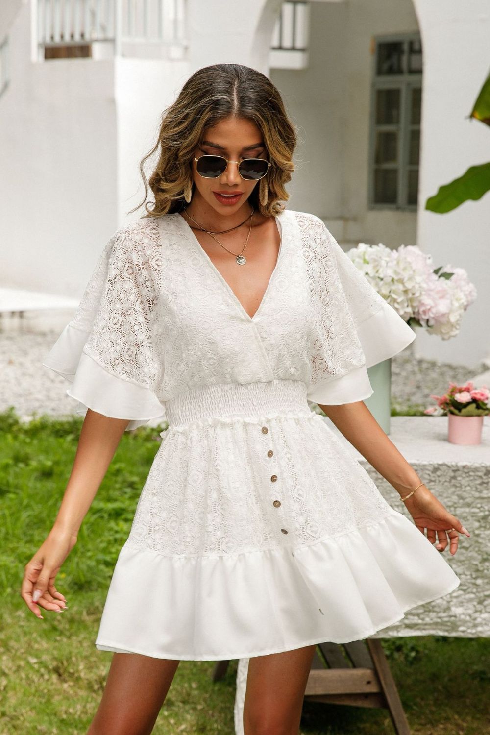 Lace Cutout Surplice Half Sleeve Dress [Spirit and Rebel]   