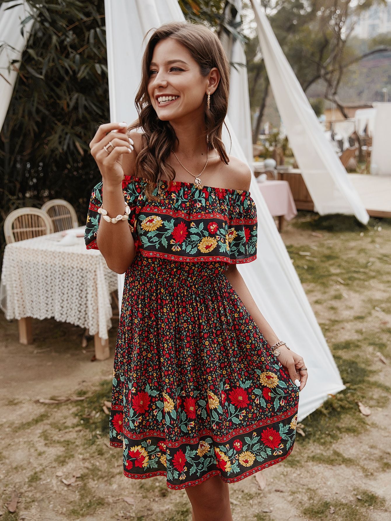 Bohemian Print Off-Shoulder Strapless Knee Length Dress [Spirit and Rebel]   