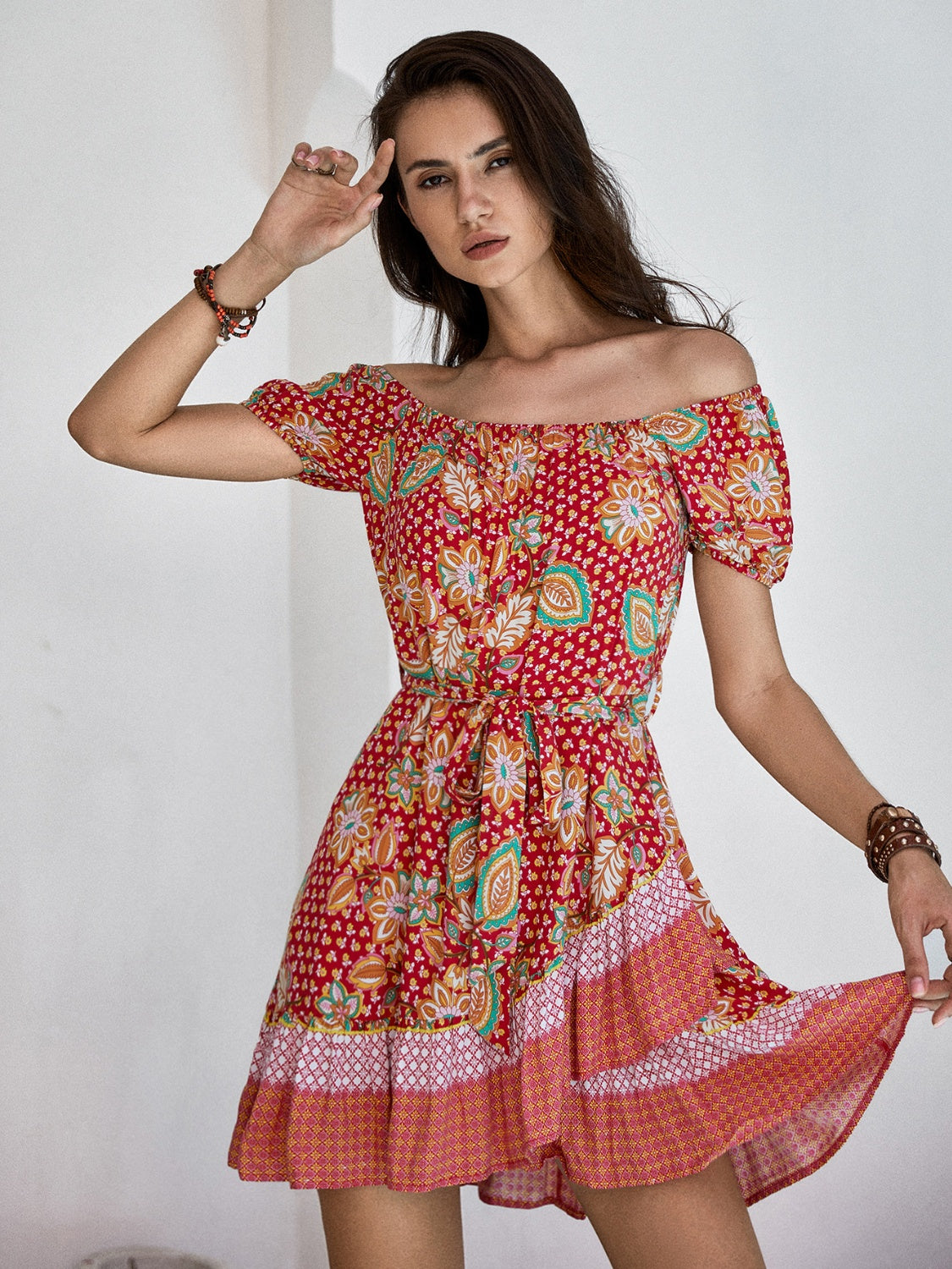 Printed Short Sleeve Tie Waist Mini Boho Dress - Spirit and Rebel [Spirit and Rebel] Deep Red S 