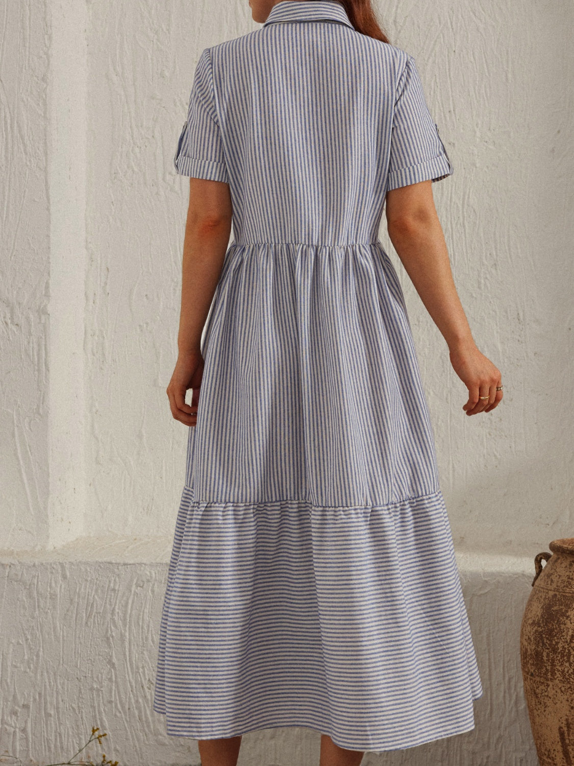 Striped Collared Neck Short Sleeve Boho Dress - Spirit and Rebel [Spirit and Rebel]   