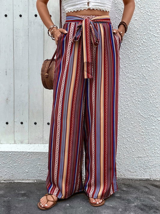 Tied Geometric Wide Leg Boho Pants - Spirit and Rebel [Spirit and Rebel] Rust S 