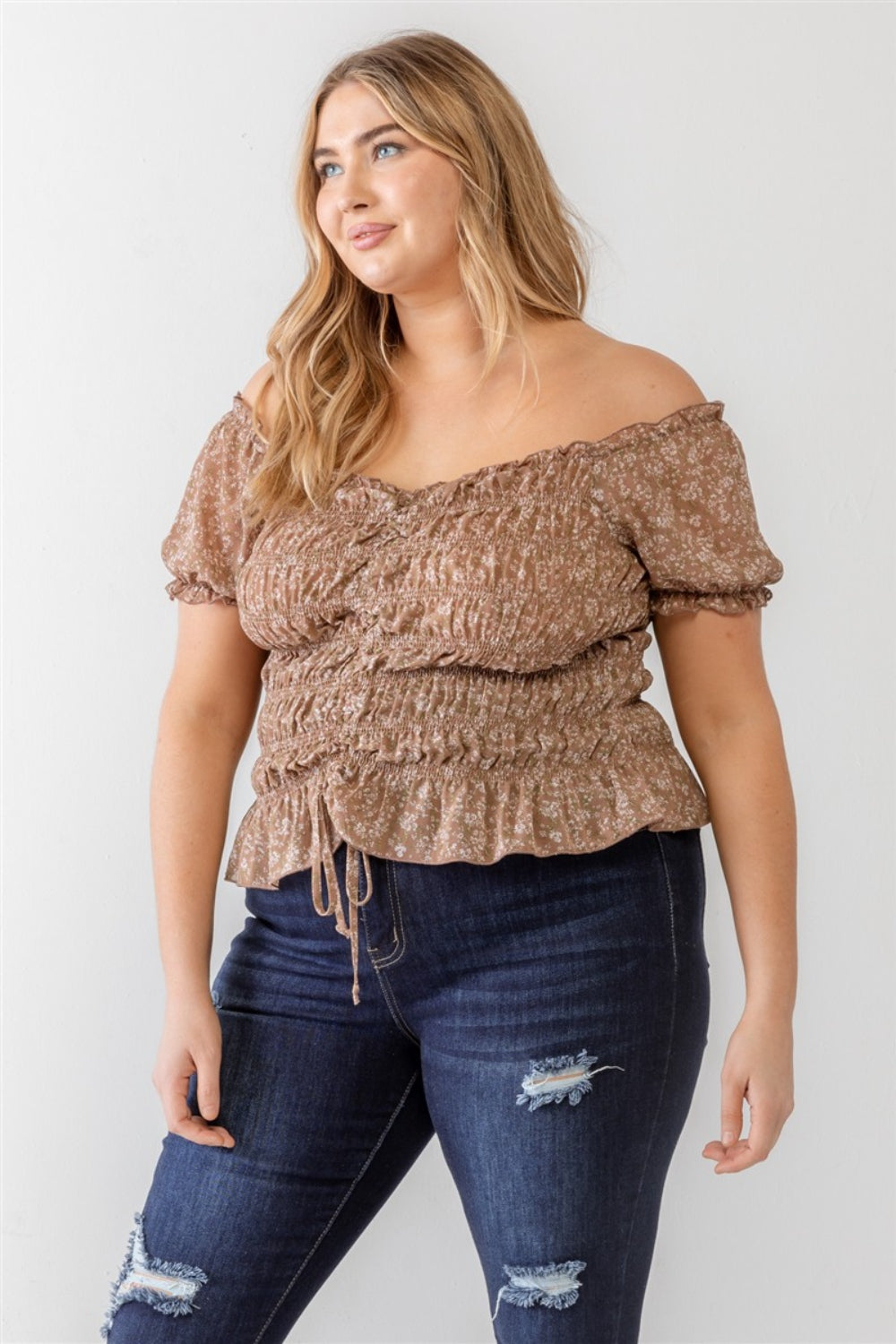 Plus Size Frill Ruched Off-Shoulder Short Sleeve Boho Blouse - Spirit and Rebel [Spirit and Rebel]   