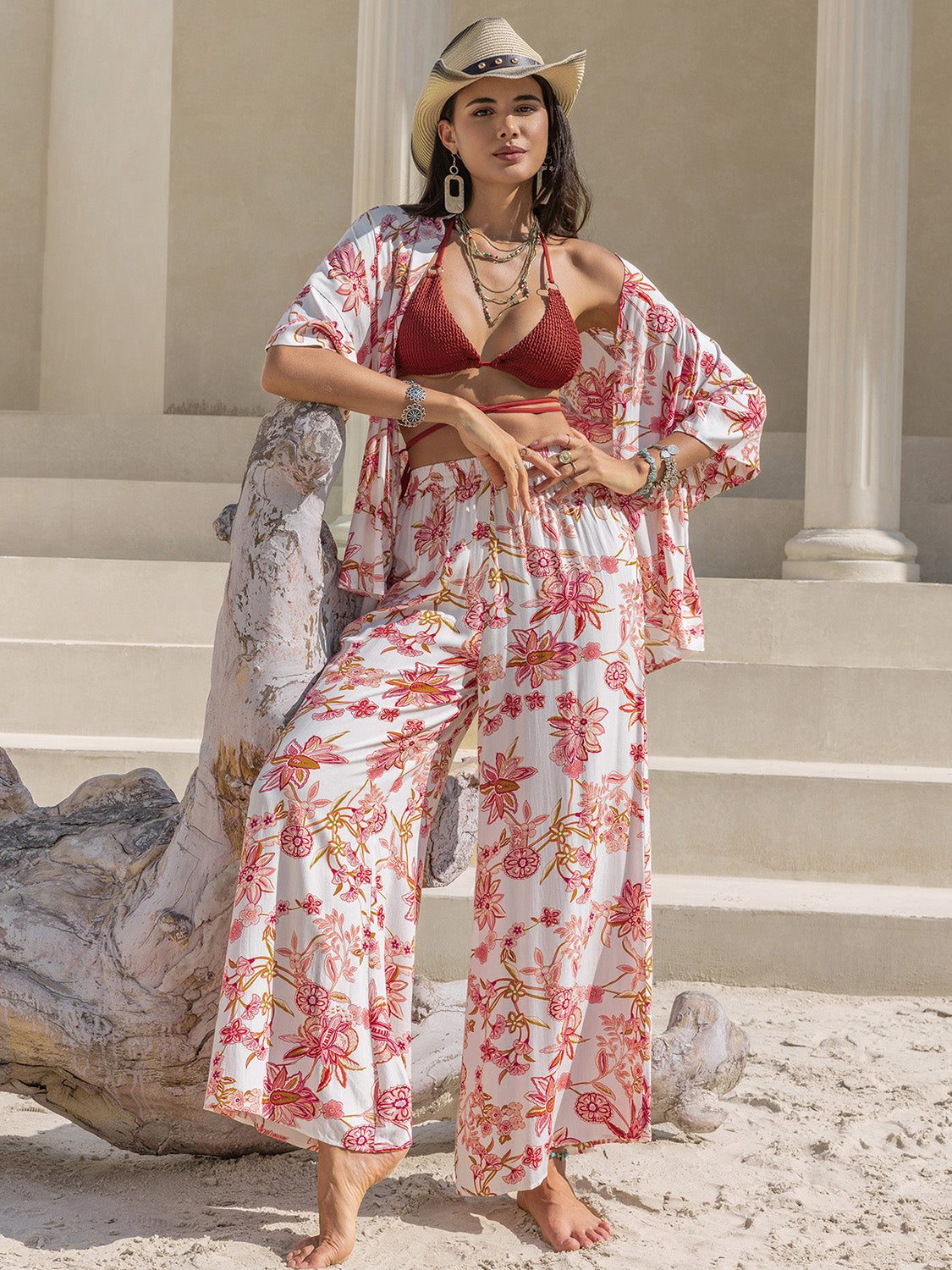 Printed Open Front Half Sleeve Boho Top and Boho Pants Set - Spirit and Rebel [Spirit and Rebel]   