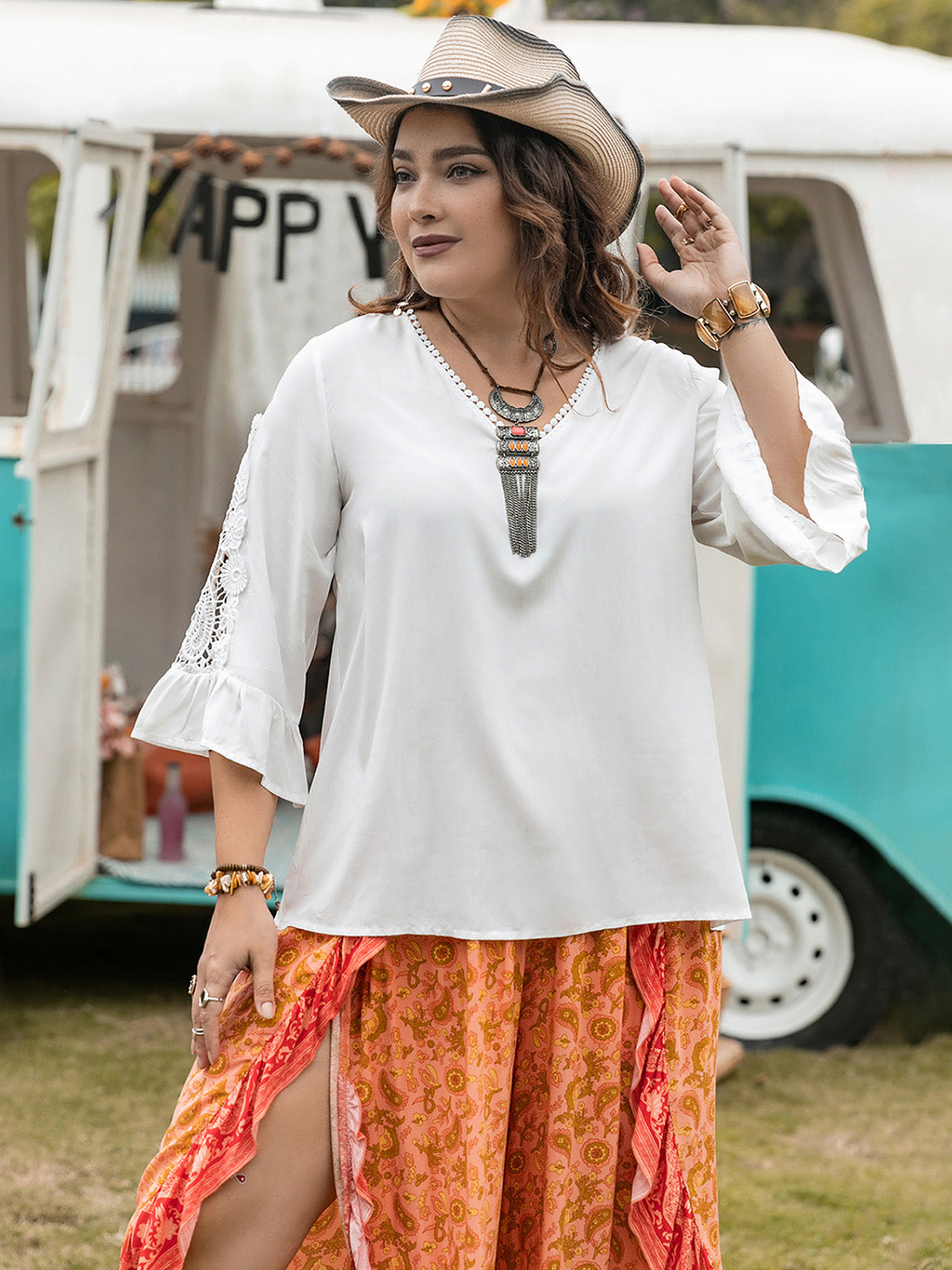 Spirit and Rebel Plus Size Lace Detail V-Neck Three-Quarter Sleeve Bohemian Blouse [Spirit and Rebel]   