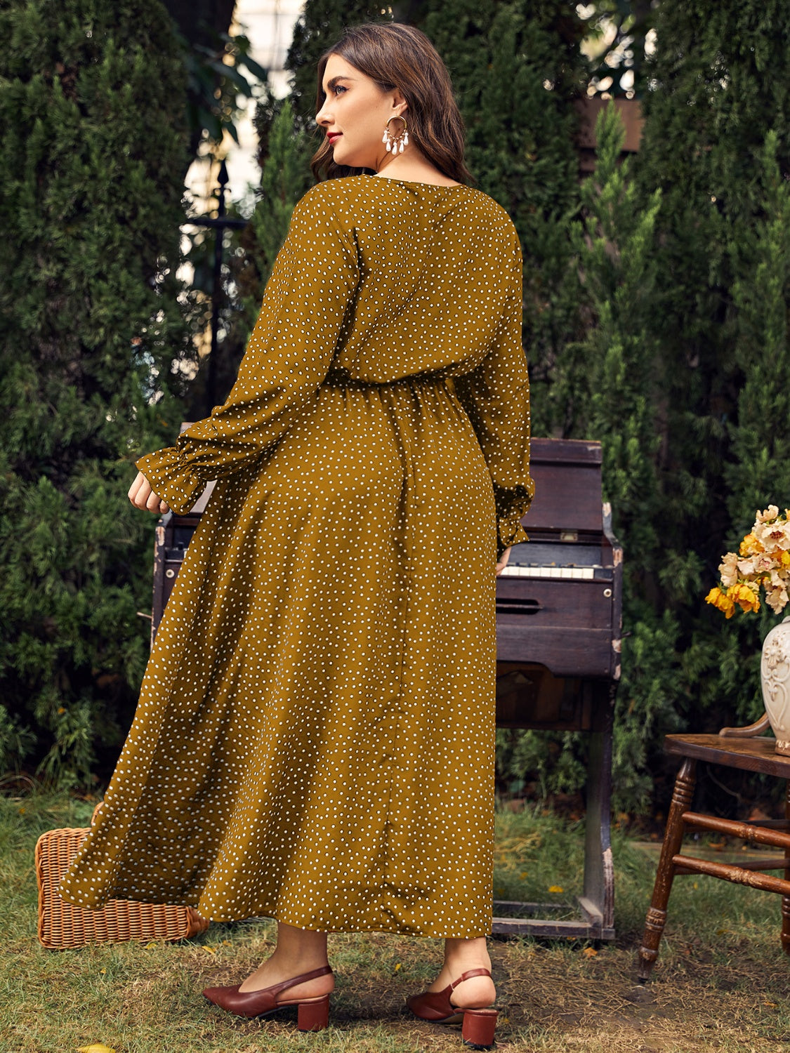 Plus Size Ruffled Polka Dot Long Sleeve Midi Dress - Spirit and Rebel [Spirit and Rebel]   