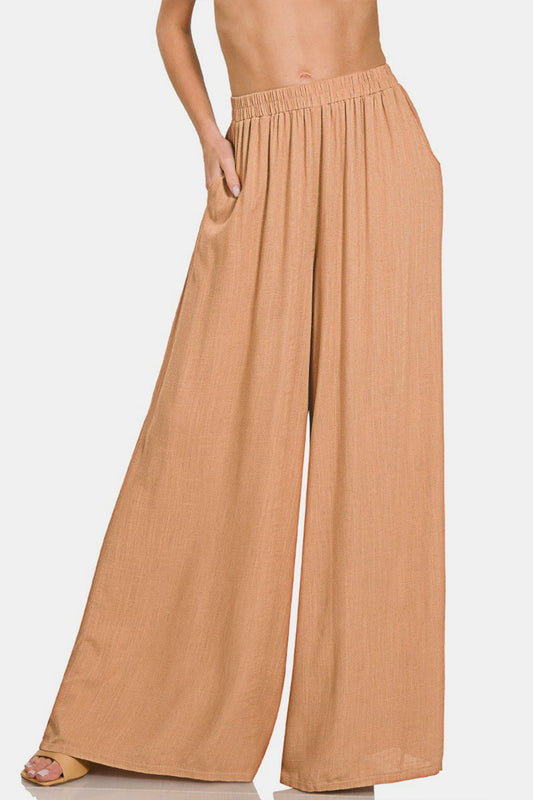 Pleated Linen Blend Wide Leg Boho Pants - Spirit and Rebel [Spirit and Rebel] Dk Brush S 