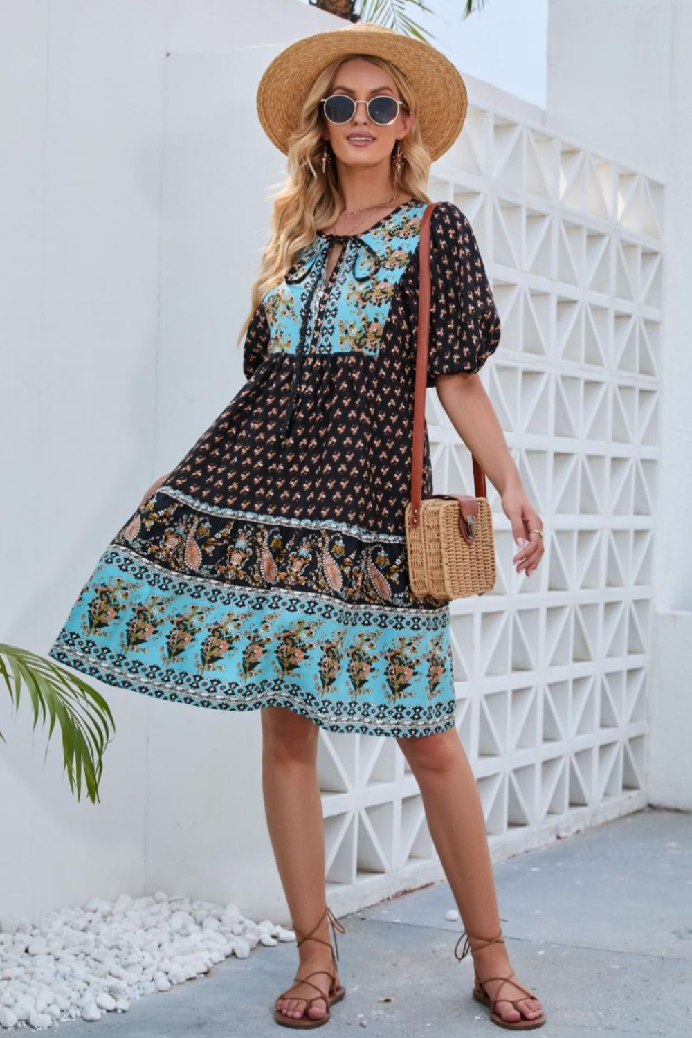 Printed Tie Neck Half Sleeve Boho Dress - Spirit and Rebel [Spirit and Rebel]   