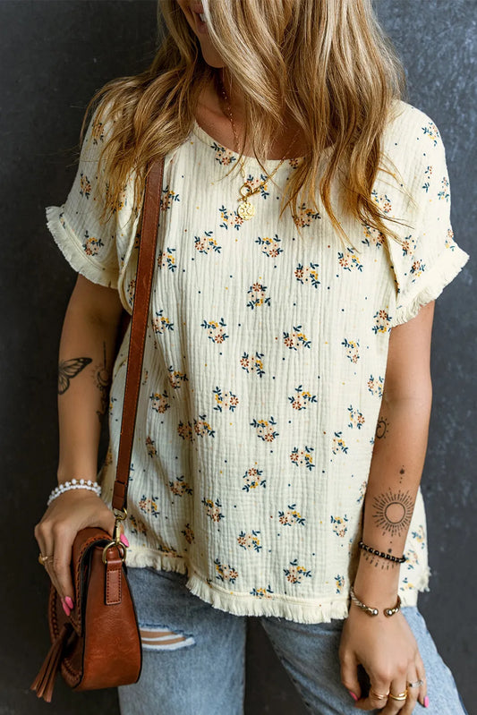 Raw Hem Printed Round Neck Short Sleeve Boho Top - Spirit and Rebel [Spirit and Rebel] Ivory S 