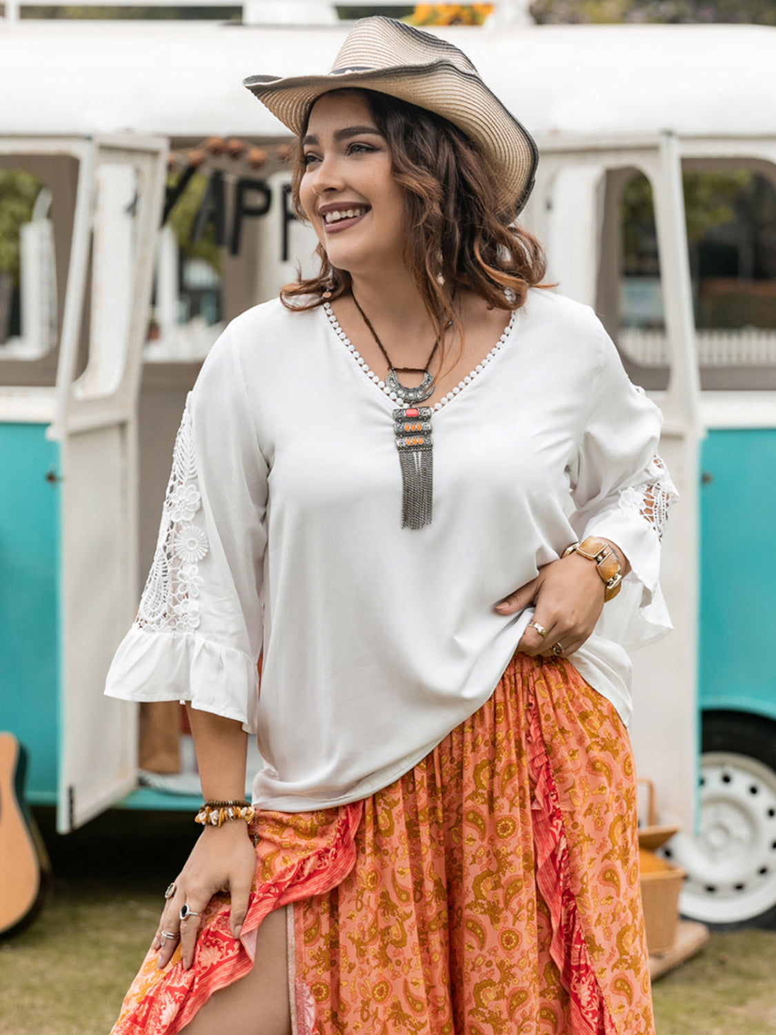 Spirit and Rebel Plus Size Lace Detail V-Neck Three-Quarter Sleeve Bohemian Blouse [Spirit and Rebel]   